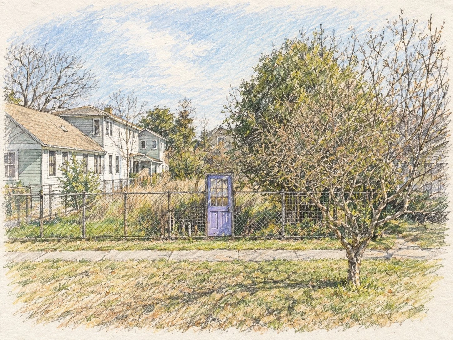 Pencil and wash drawing of a lavender door mounted in a chain-link fence on a Houston street.