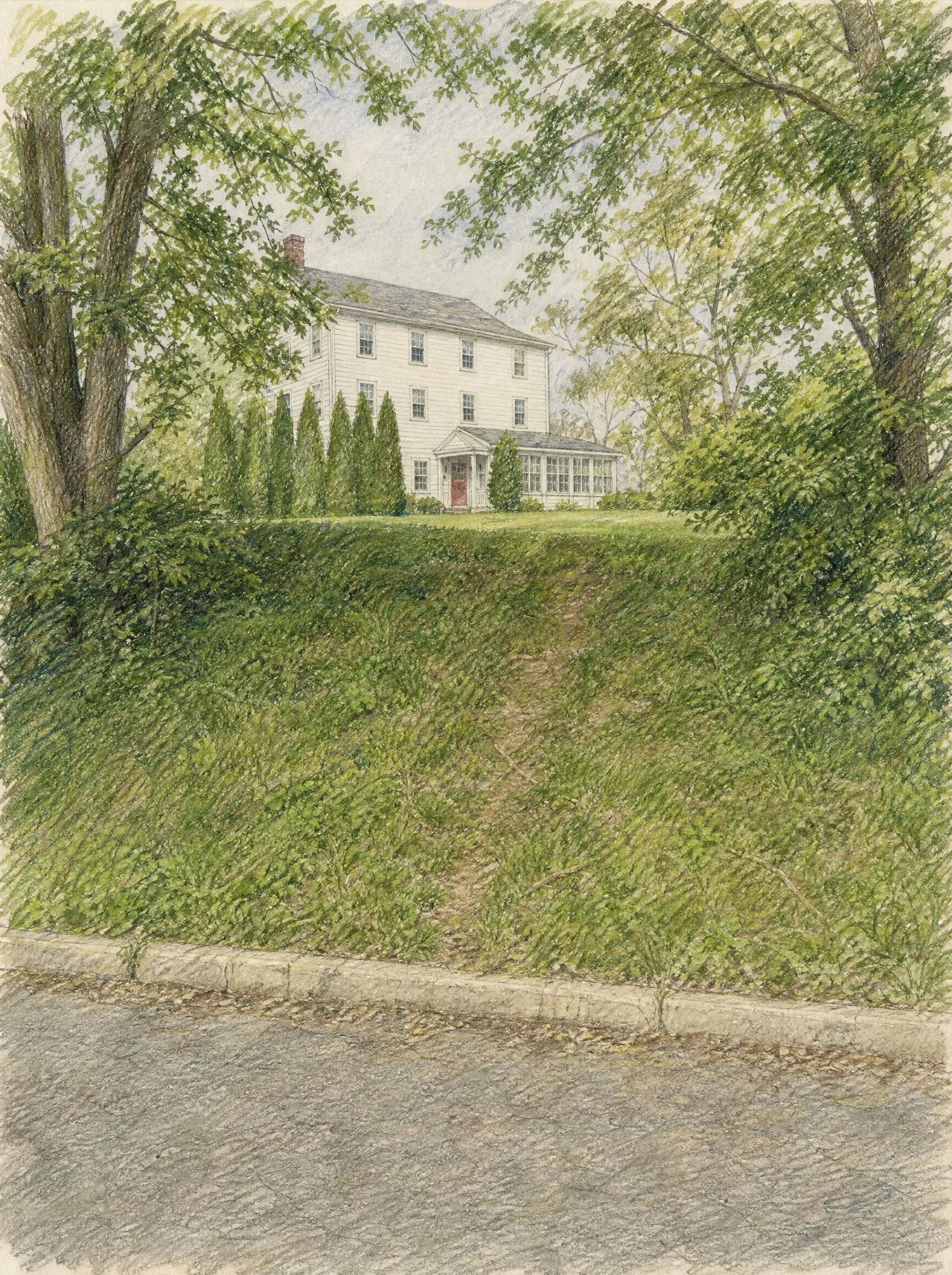 Pencil and wash drawing of a two-story Colonial house with a concrete staircase.